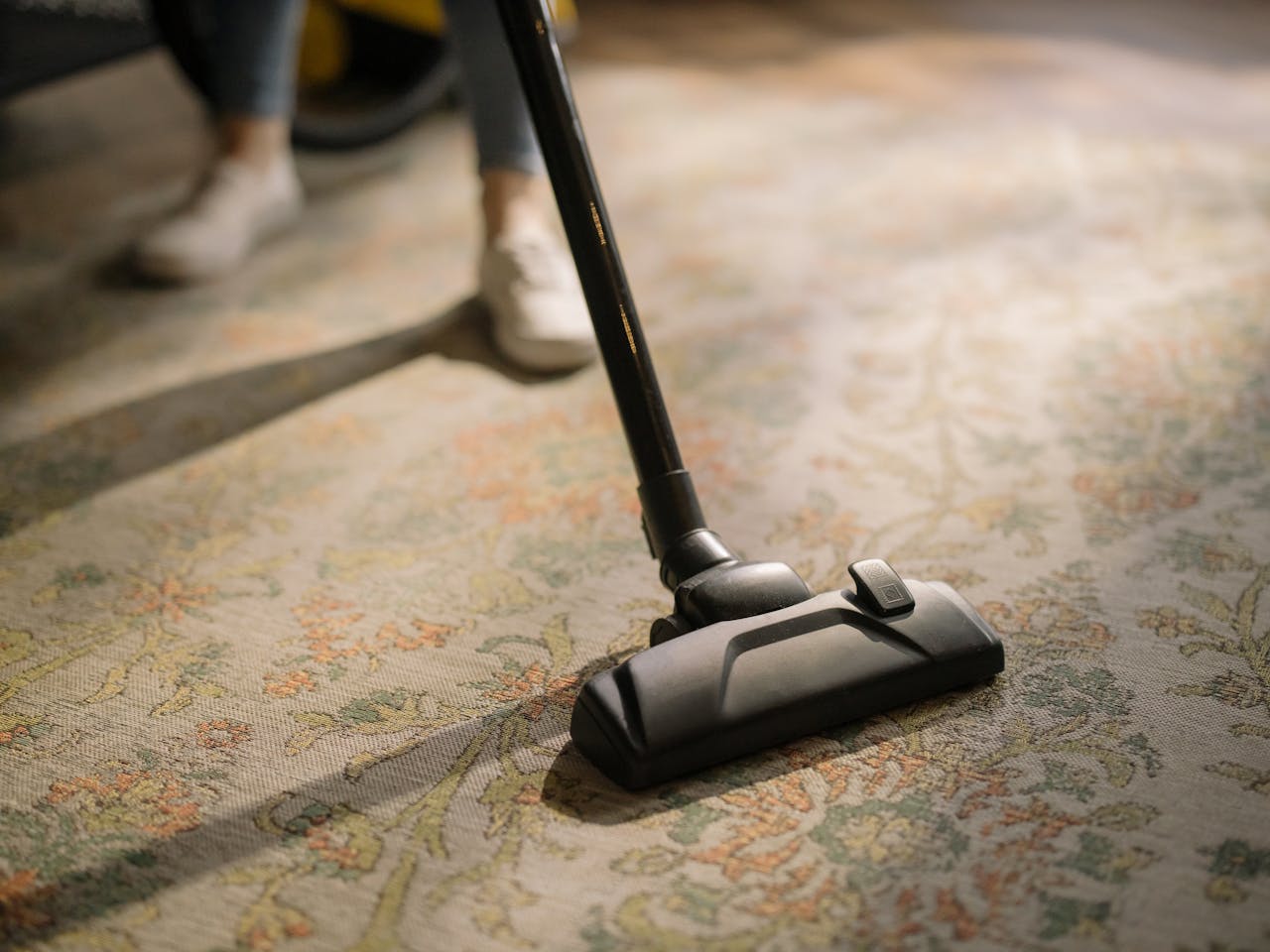 services-03 Close-up of a vacuum cleaner on a patterned carpet in a sunlit room, capturing a moment of household cleaning.