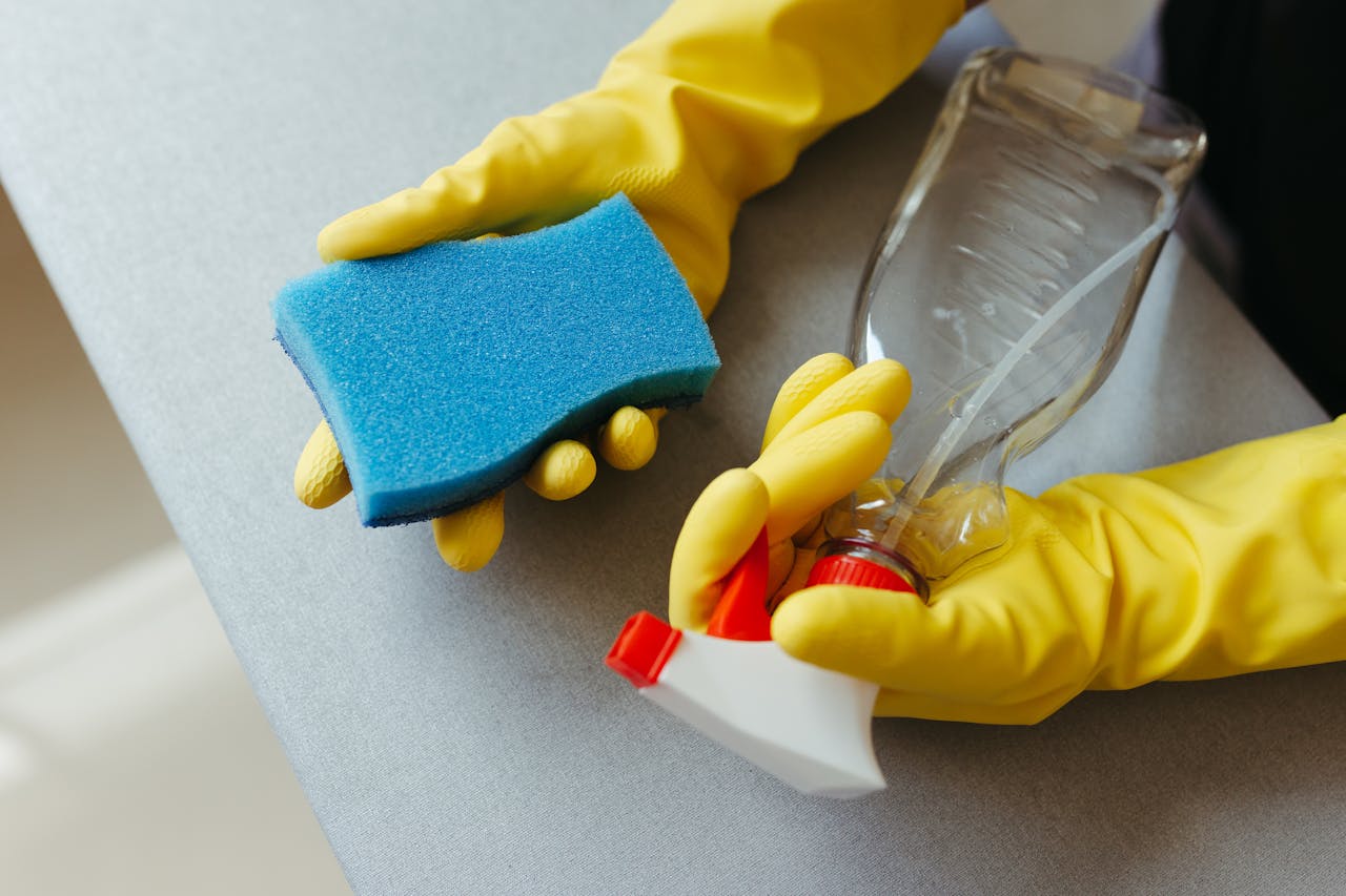 services-04 Close-up of hands in gloves holding a sponge and spray bottle for cleaning.