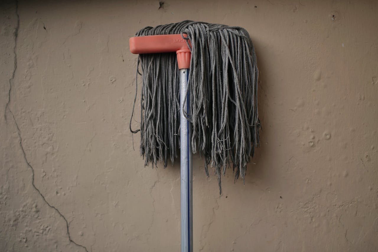 services-01 Gray mop leaning against a textured wall, conveying simplicity in a domestic setting.